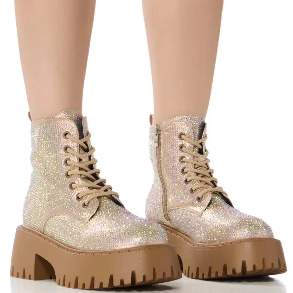 AZALEA WANG Gold Rhinestone Platform Combat Boots
